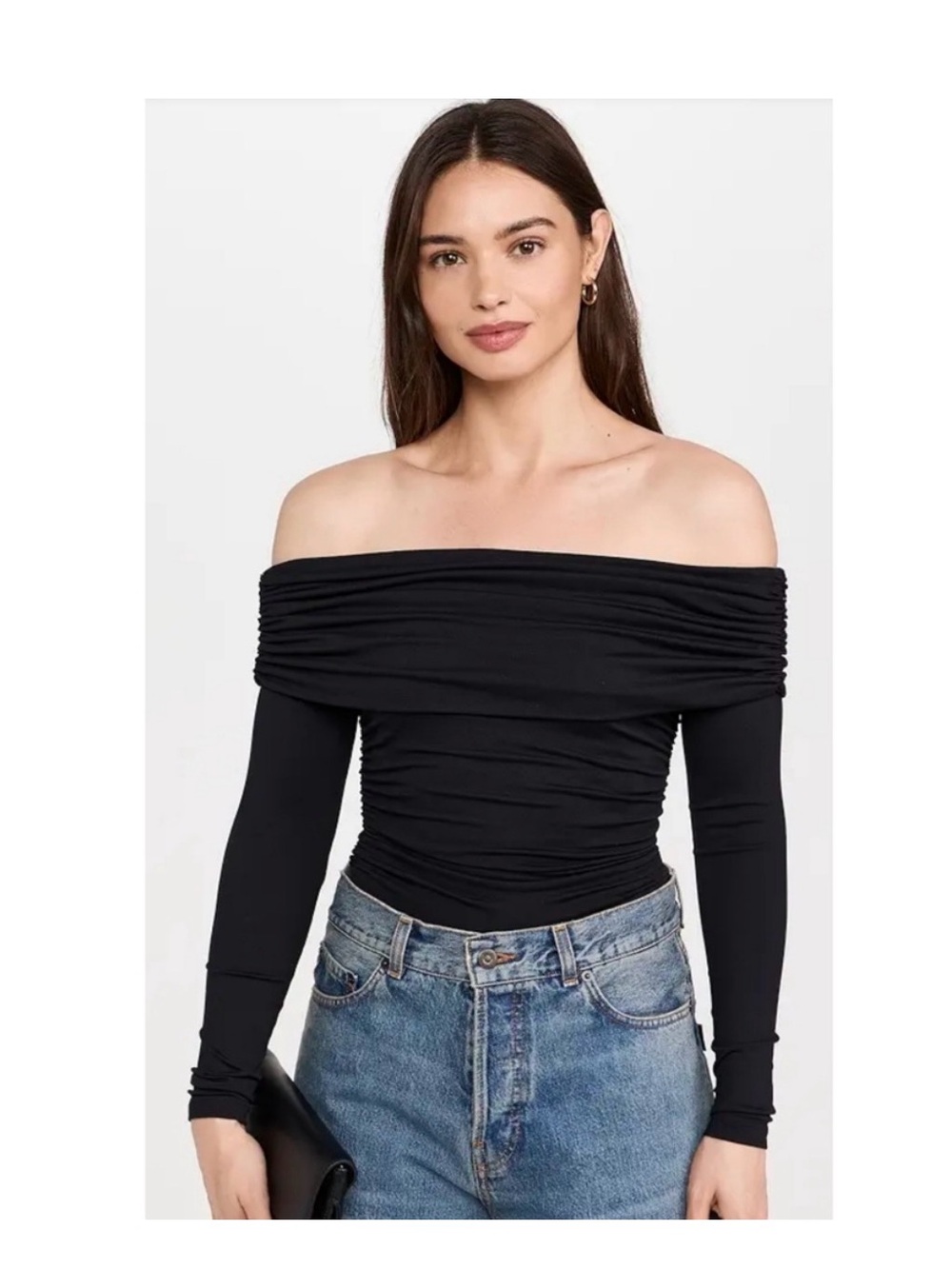 Reformation Black Off-Shoulder Ruched Long Sleeve Crop Top